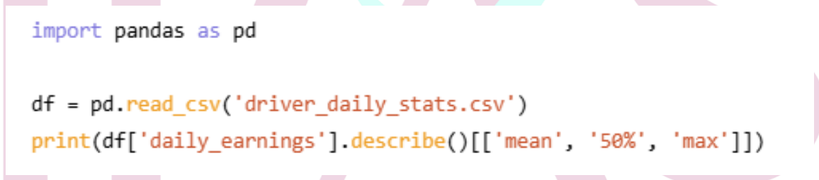 第 41 題原始程式碼截圖：import pandas as pd；df = pd.read_csv('driver_daily_stats.csv')；print(df['daily_earnings'].describe()[['mean', '50%', 'max']])