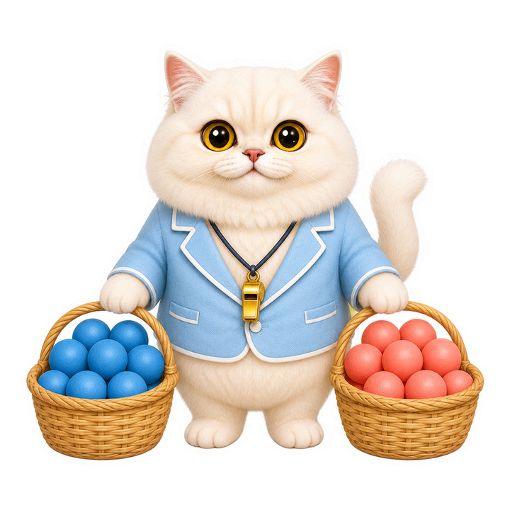穿淺藍裁判外套的 Mochi 貓老師自信展示兩組數量相等的樣本