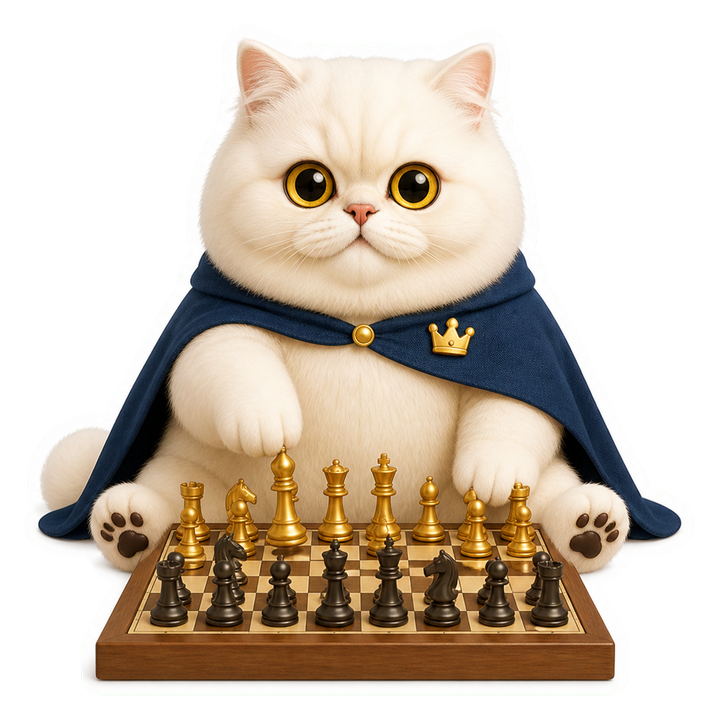 披海軍藍棋手斗篷的貓老師 Mochi 在棋盤前思考