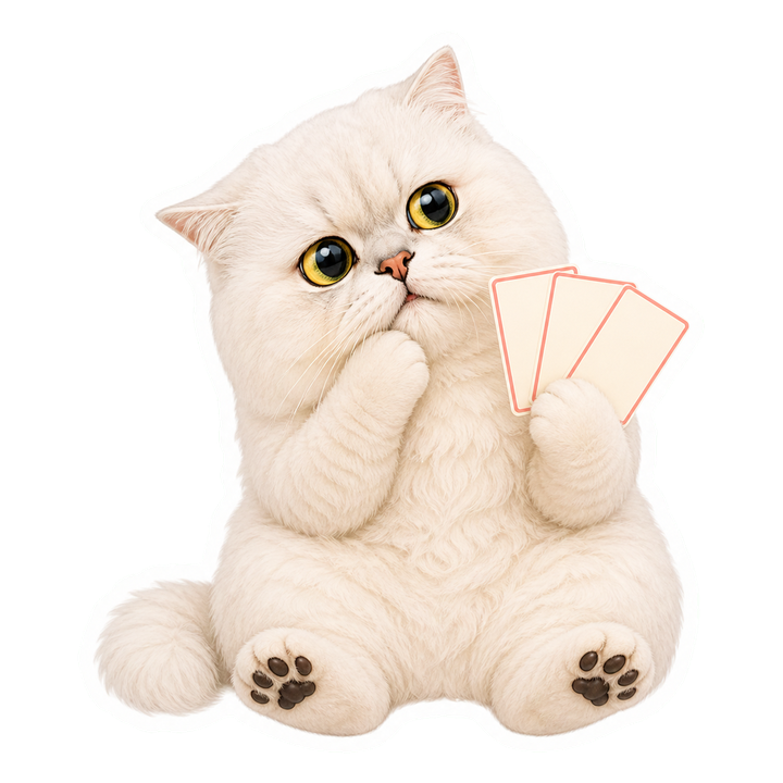 Mochi 貓老師歪頭思考並拿著空白題卡自我檢測