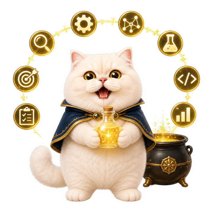開心的 Mochi 煉金師捧著金色靈藥，八個工具圖示串成完整模型開發旅程。