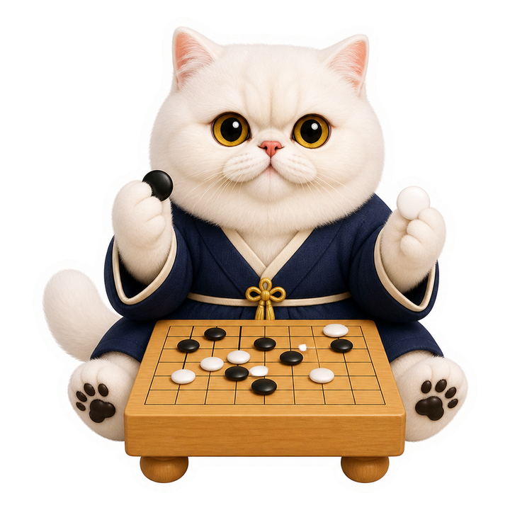 穿海軍藍圍棋師羽織的貓老師 Mochi，在棋盤前拿著黑白棋子
