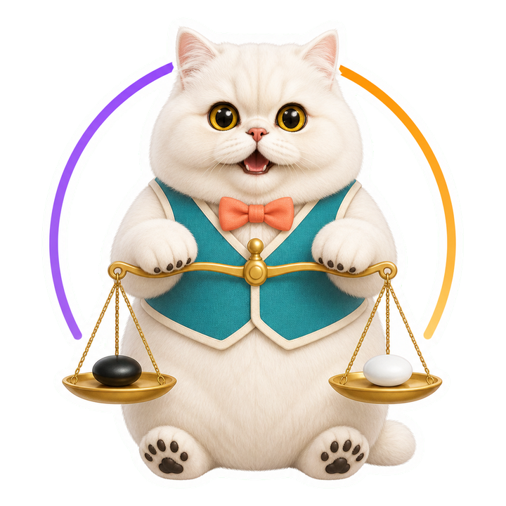 穿青綠裁判背心的貓老師 Mochi，用天平比較黑白棋子的相對棋力