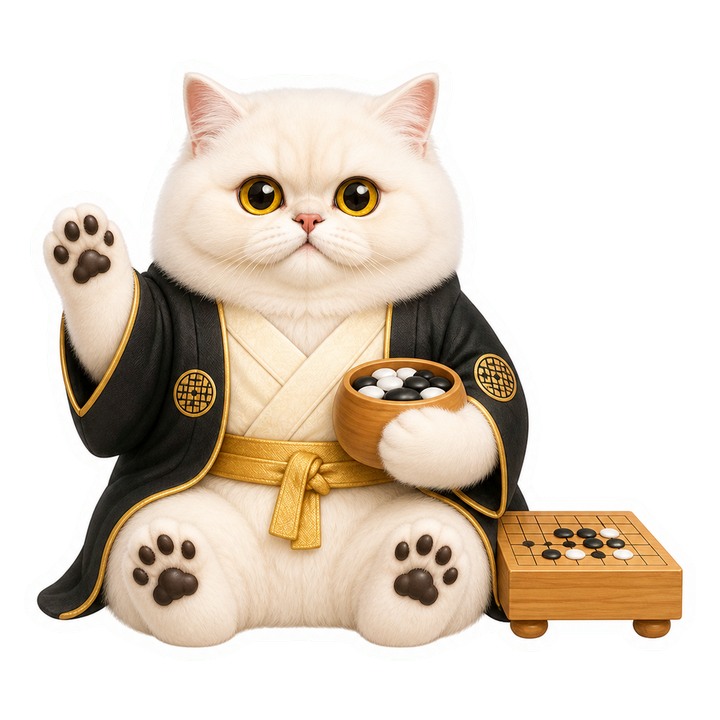 穿黑米色圍棋師長袍的貓老師 Mochi，在棋盤旁舉起黑色肉球