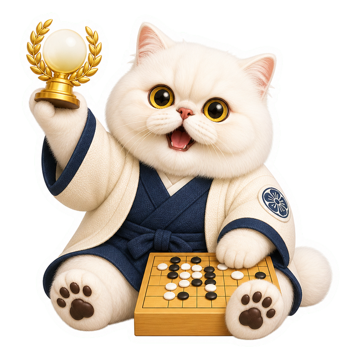 Mochi 穿著棋士羽織與藍色腰帶，開心舉起圍棋冠軍獎盃