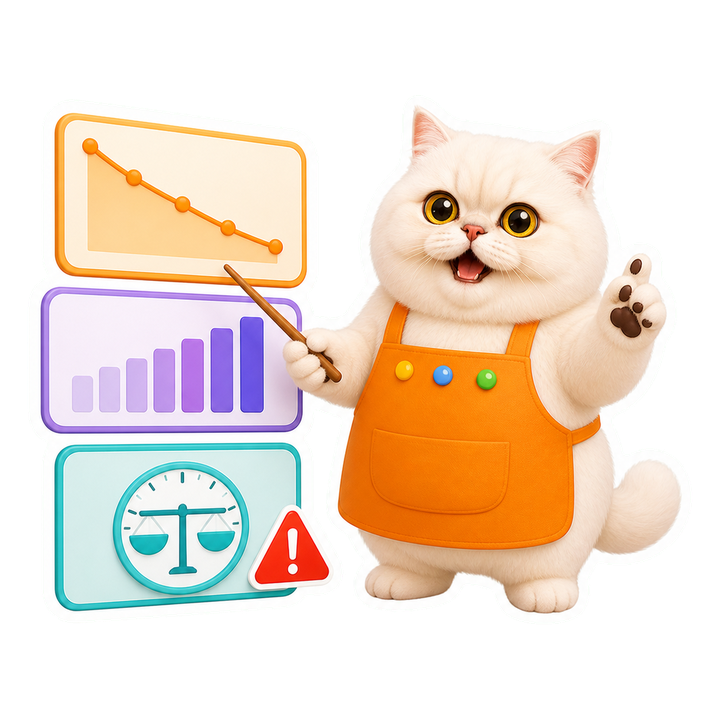 穿橘色計算圍裙的 Mochi 貓老師自信展示三種評估卡片