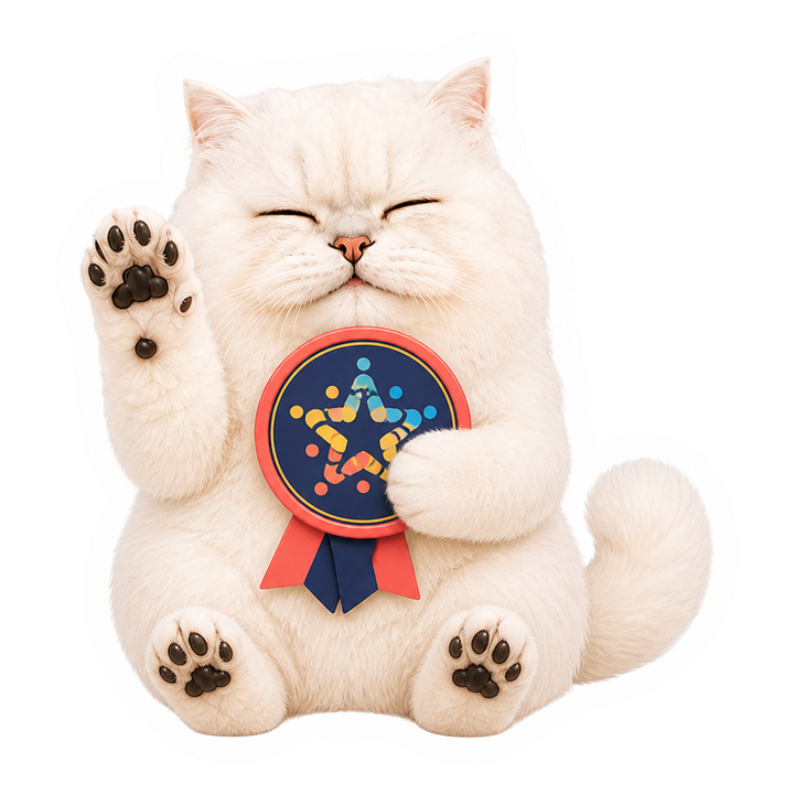 安心完成的 Mochi 貓老師抱著光點收束成亮星的獎章揮手