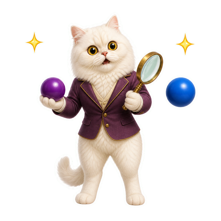 穿梅紫調查外套的 Mochi 貓老師溫和驚訝地用新證據更新信念