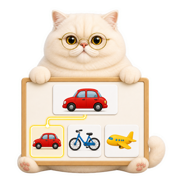 Mochi 貓老師自信將紅色汽車影像配對到正確文字類別