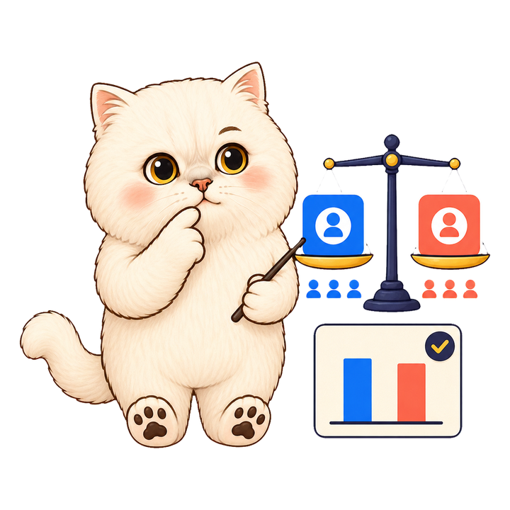 Mochi 貓老師思考著用天平比較 A 組與 B 組成效