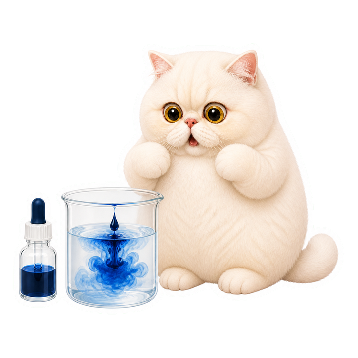 Mochi 貓老師驚訝觀察藍色墨水在清水中擴散