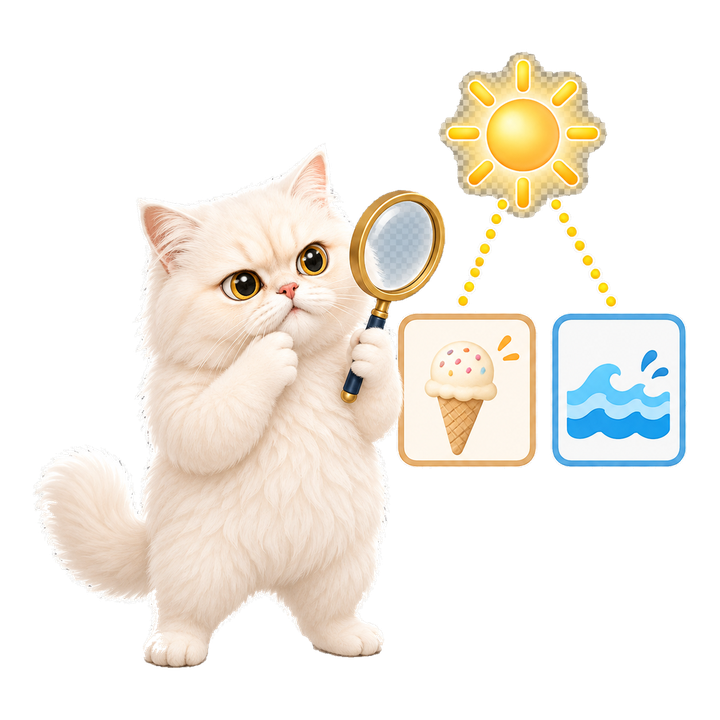 Mochi 貓老師用放大鏡找出夏天同時影響冰淇淋銷量與水域活動的共同原因
