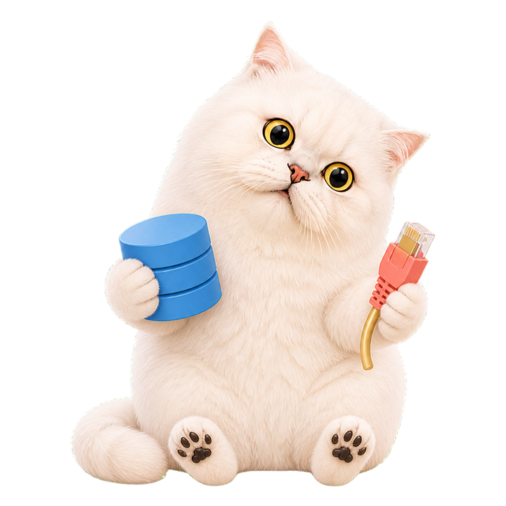 好奇歪頭的 Mochi 貓老師比較藍色資料庫與珊瑚色 API 插頭兩條取資料路線