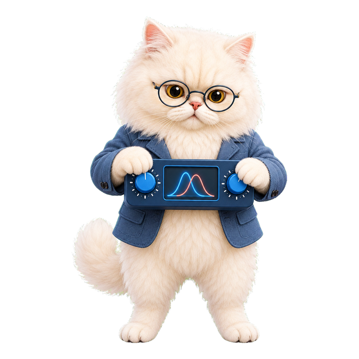 專注的 Mochi 貓老師調整差異與樣本數兩個旋鈕，觀察兩條分布曲線分離