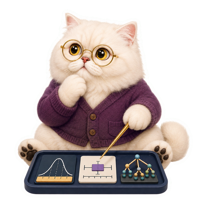 托腮思考的 Mochi 貓老師比較 Z-score、IQR 與模型法工具