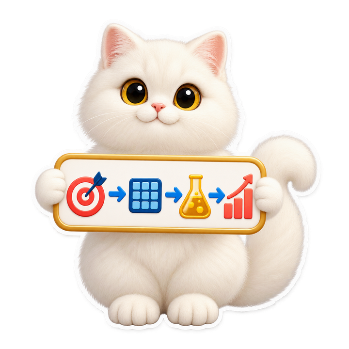 自信微笑的 Mochi 貓老師完成無字問題定義流程板