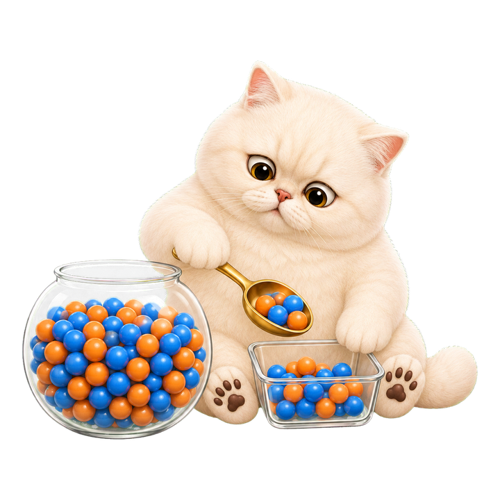 好奇的 Mochi 貓老師從藍橘母體容器公平舀出具代表性的樣本