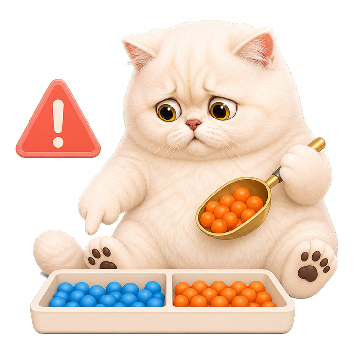 擔心的 Mochi 貓老師發現取樣勺只撈到右側橘色資料球