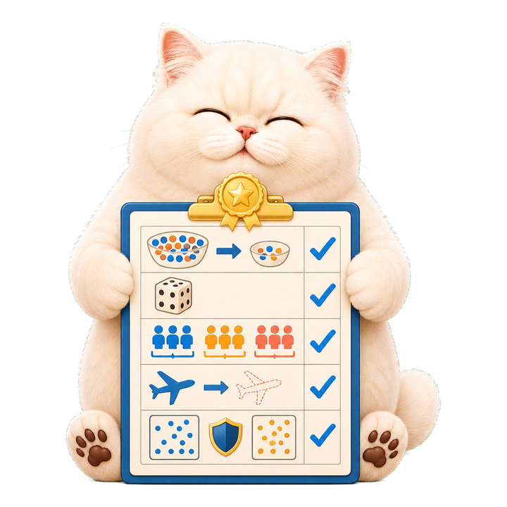 安心閉眼微笑的 Mochi 貓老師拿著無文字的取樣偏差考點檢核板