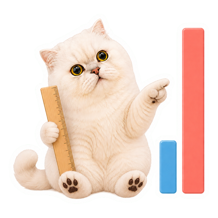 好奇歪頭的 Mochi 貓老師用刻度尺觀察高低懸殊的年齡與收入柱