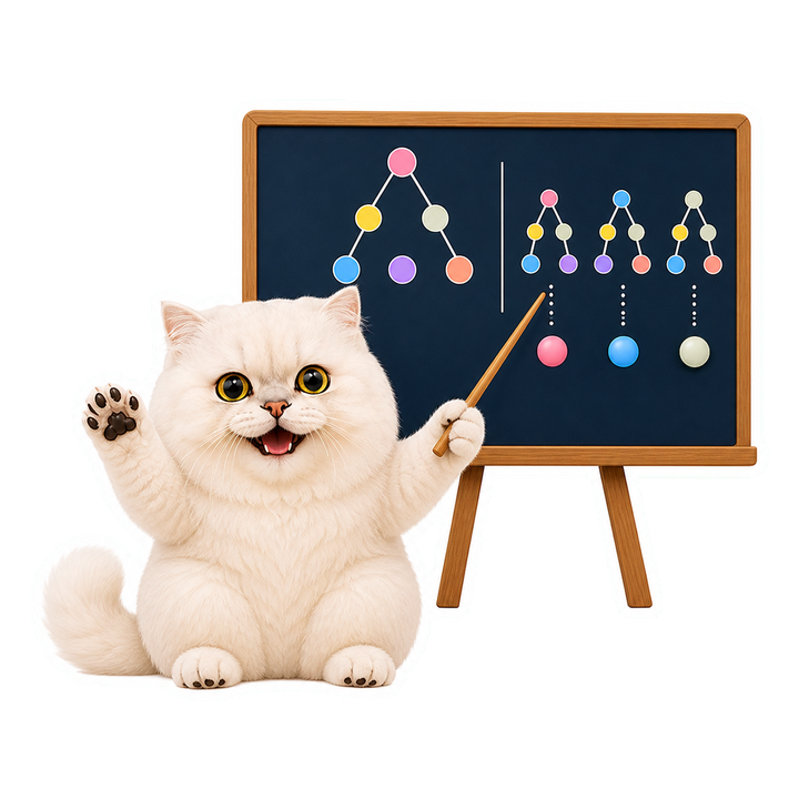 Mochi 貓老師指著單棵決策樹與森林投票珠介紹樹模型