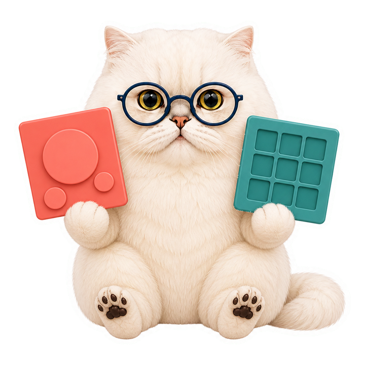 嚴肅的 Mochi 貓老師戴端正圓眼鏡比較預測型與統計型兩塊圖板