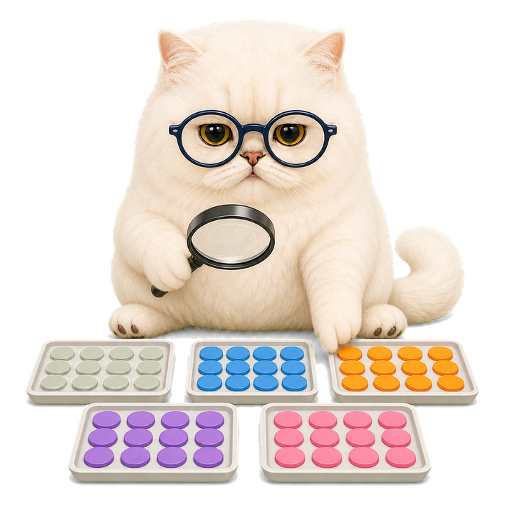 嚴肅戴端正眼鏡的 Mochi 貓老師用放大鏡比較五盤色塊