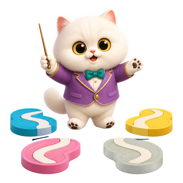 穿紫色指揮家外套的 Mochi 貓老師開心指揮四條策略路線