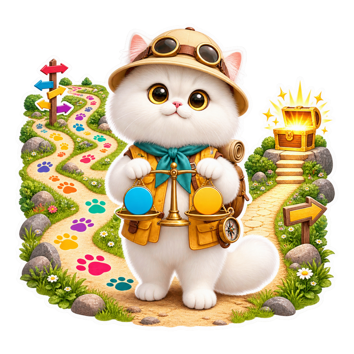 穿琥珀探險背心的 Mochi 貓老師在探索岔路與目標捷徑之間保持平衡