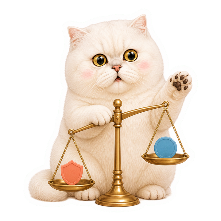 溫和驚喜的 Mochi 貓老師比較風險高低天平與四個彩色標記