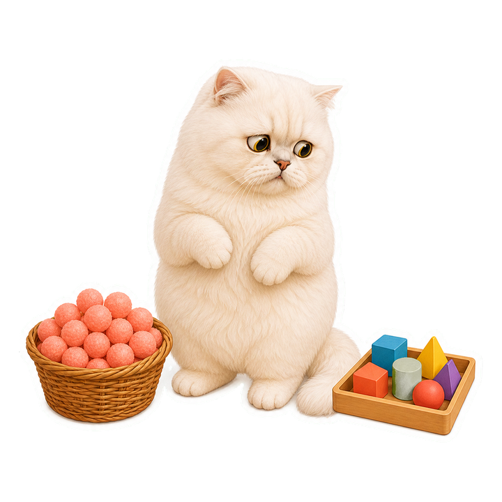 溫和擔心的 Mochi 貓老師發現籃子裡全是相同球並看向旁邊的多樣形狀