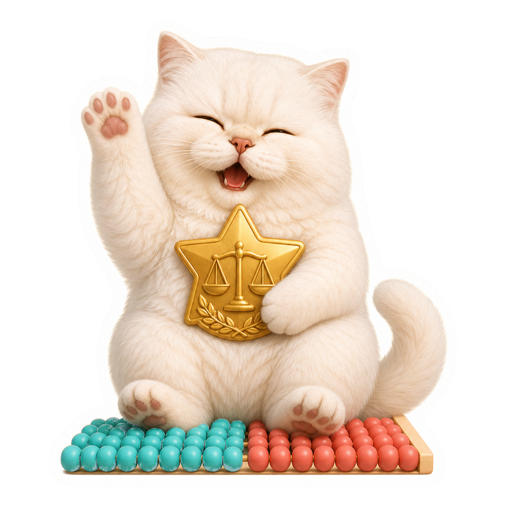 安心自信的 Mochi 貓老師抱著平衡星章與整齊彩珠列揮手