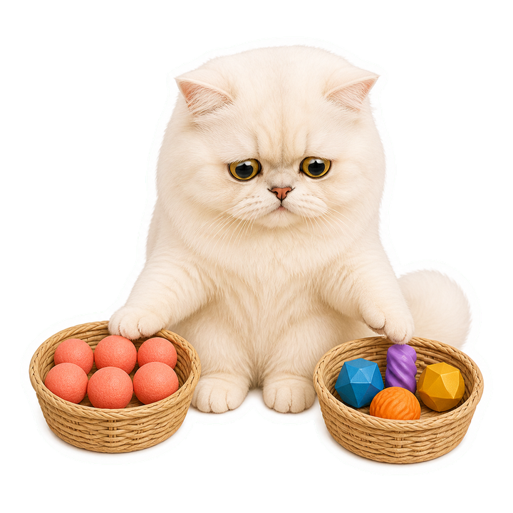 溫和擔心的 Mochi 貓老師比較一籃相同球與一籃多樣形狀