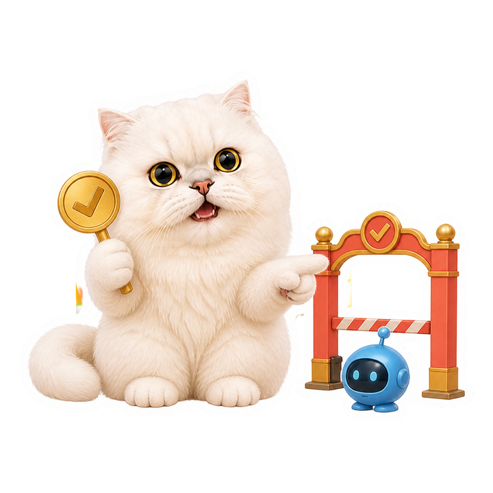 溫柔鼓勵的 Mochi 貓老師舉起核准印章，讓等待中的 AI 建議通過閘門