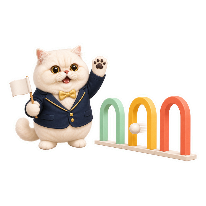 穿裁判外套的 Mochi 貓老師以三道門示範不同 IoU 門檻