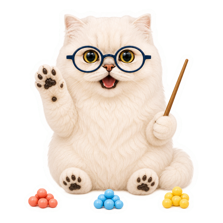 戴端正圓眼鏡的貓老師 Mochi 揮手並引導操作 K-Means 互動實驗