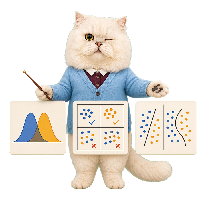 Mochi 貓老師俏皮眨眼整理分離度、準確率與 QDA 邊界