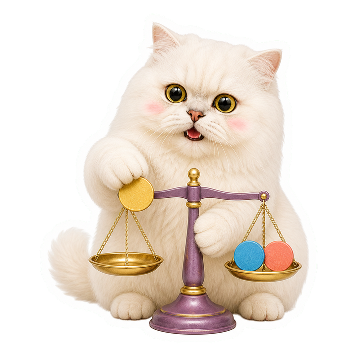 驚喜領悟的 Mochi 貓老師把三枚特徵貢獻籌碼公平放上天平