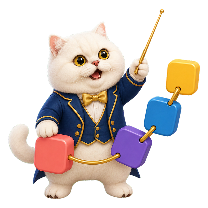 穿接龍指揮外套的 Mochi 貓老師興奮排列下一個 Token 字塊