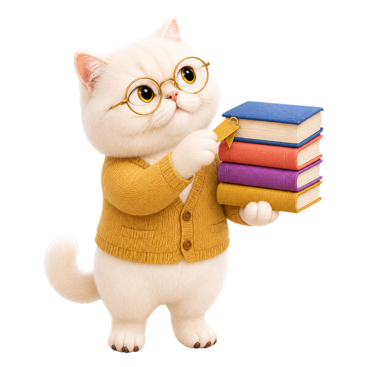 穿赭金圖書館員開襟衫的 Mochi 貓老師好奇整理不同類型的知識書籍