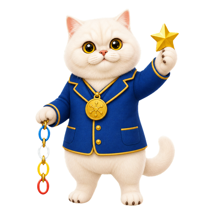 穿深鈷藍思維鏈教授外套的 Mochi 貓老師自信串起 Token 步驟與答案