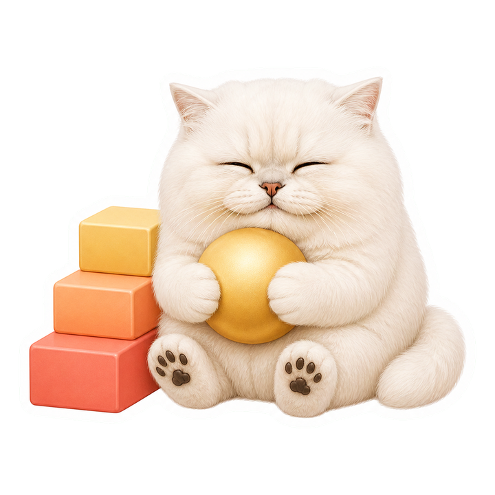 閉眼放鬆微笑的 Mochi 貓老師抱住下降階梯最低處的金色球