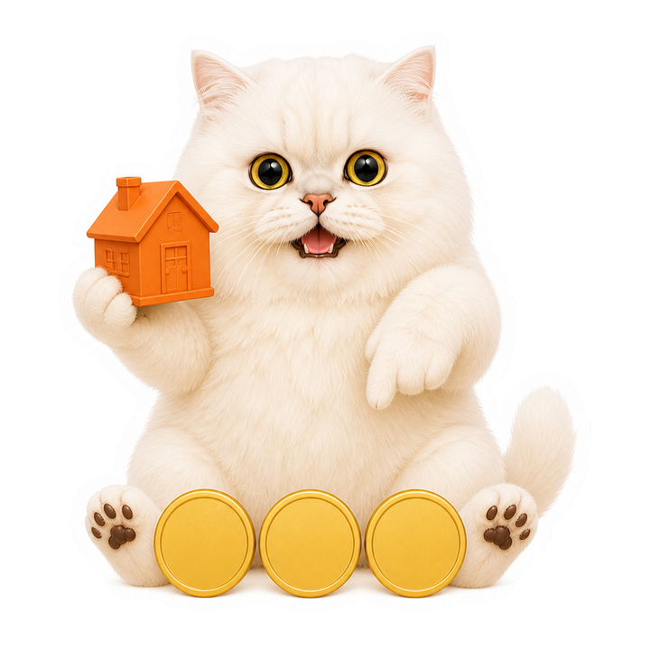 貓老師 Mochi 用小房屋模型與三枚價格代幣示範房價預測