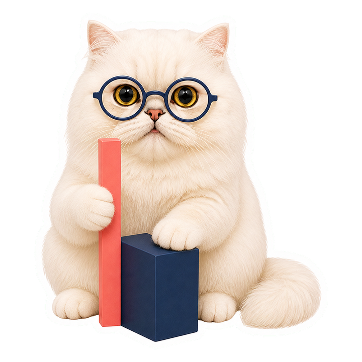 戴端正圓眼鏡的 Mochi 貓老師用尺測量簡單基準模型