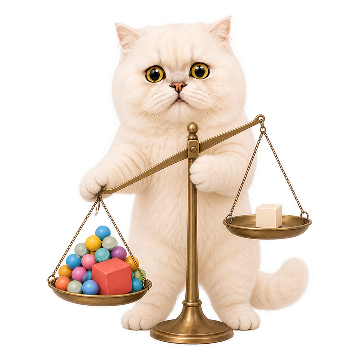 擔心皺眉的 Mochi 貓老師扶住傾斜流量天平與過載專家