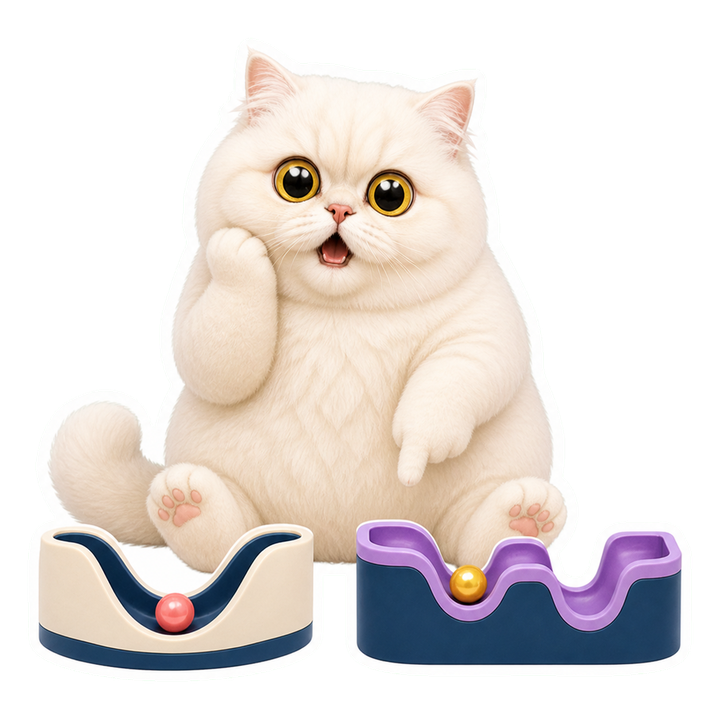 Mochi 貓老師驚訝觀察兩顆彈珠分別滾向單一谷底與局部小坑