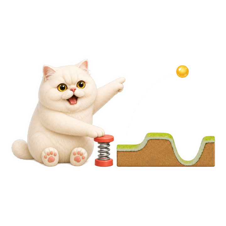 Mochi 貓老師樂觀運用動量彈簧跨過淺坑前往更深山谷