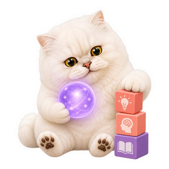 Mochi 貓老師溫柔認出記憶球並堆起可重用技能積木