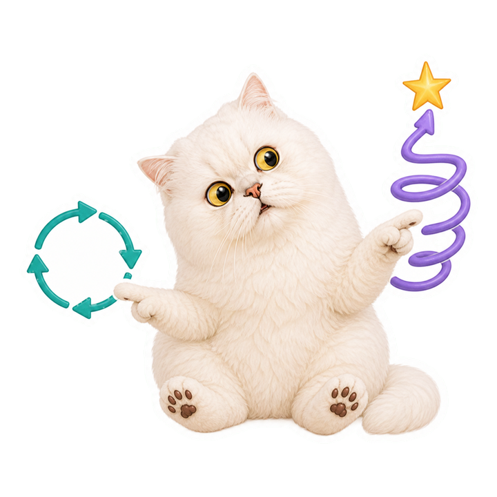 Mochi 貓老師好奇歪頭指向封閉迴圈與向上學習路徑