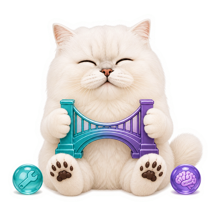Mochi 貓老師閉眼安心抱著混合式代理橋樑獎盃